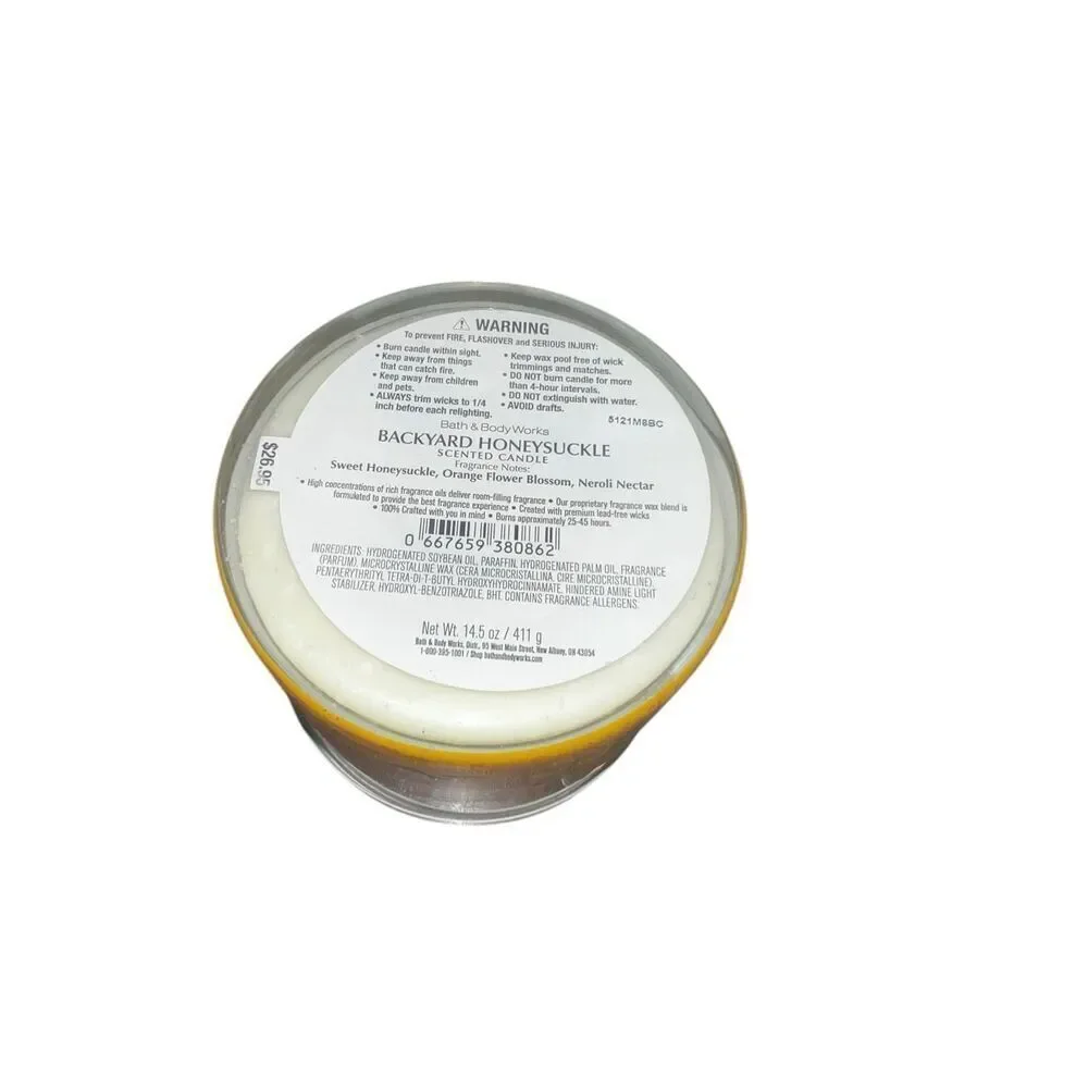 Bath & body works backyard honeysuckle 3 wick 14.5 oz soy blend candle